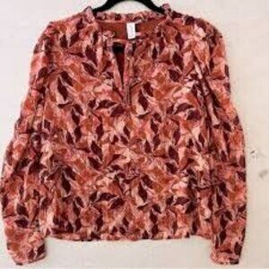 Joie Shirt S Pink & Red Boho Floral Poly-Chiffon Puff Sleeve Peasant‎ Blouse